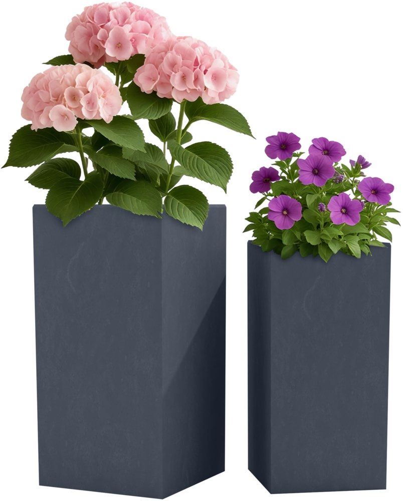 CLP 2er Set Pflanzkübel quadratisch wetterbeständig in Steinoptik mit Ablauf,anthrazit Bild 1