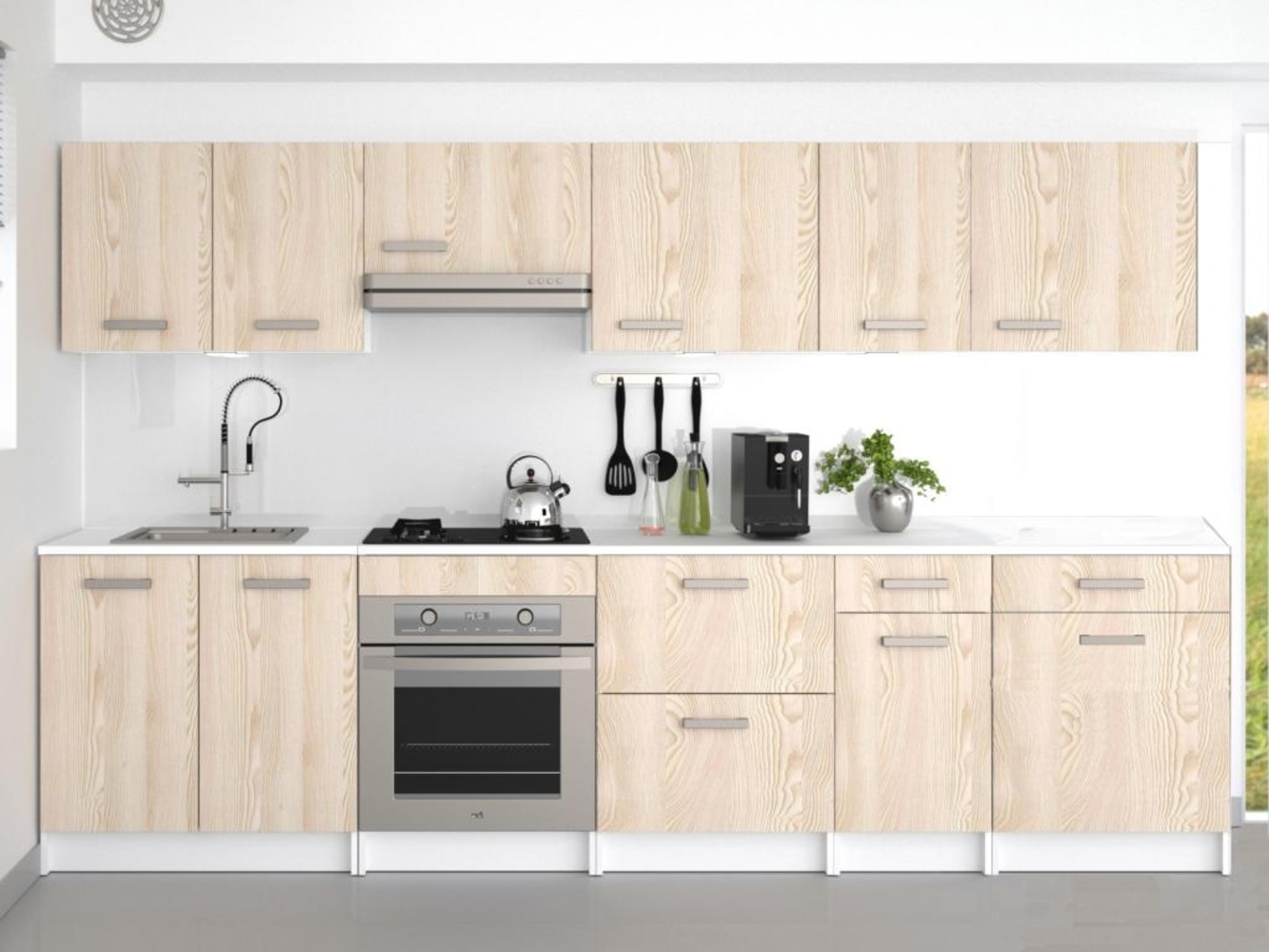Vente-unique - Küchenzeile - mit Arbeitsplatte 300 cm - Naturfarben hell & Weiß - TRATTORIA Bild 1