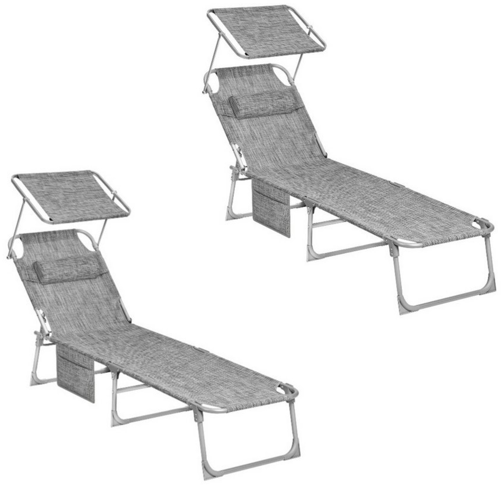 Songmics Gartenliege klappbar, mit Kopfstütze und verstellbarer Rückenlehne, 2x Sonnenliege, mit Seitentasche, Hellgrau, 53 x 193 x 29 cm Bild 1