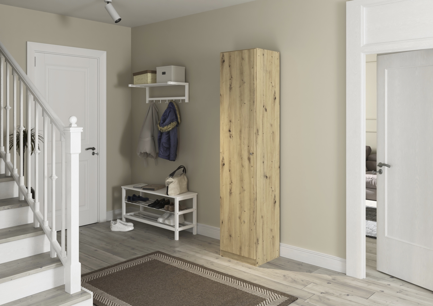 rauch Allrounder, Garderobenschrank, Mehrzweckschrank, 1-türig, mit 4 Einlegeböden, abschließbar, Farbe Eiche Artisan, BxHxT 47x210x41cm Bild 1