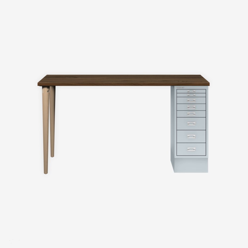 MultiDesk, 2 Eichenfüße, 1 MultiDrawer mit 8 Schüben, Dekor Nussbaum, Farbe Lichtgrau, Maße: H 740 x B 1400 x T 600 mm Bild 1