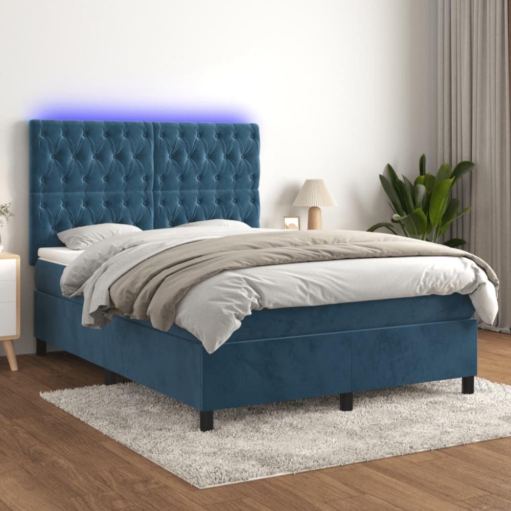 vidaXL Boxspringbett mit Matratze & LED Dunkelblau 140x200 cm Samt Bild 1