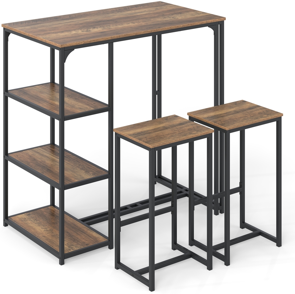 3 tlg. Bartisch Set für 2 Personen Bistrotisch mit 2 Barhockern Esstisch mit 3 Ablagefächer Küchentisch Bild 1