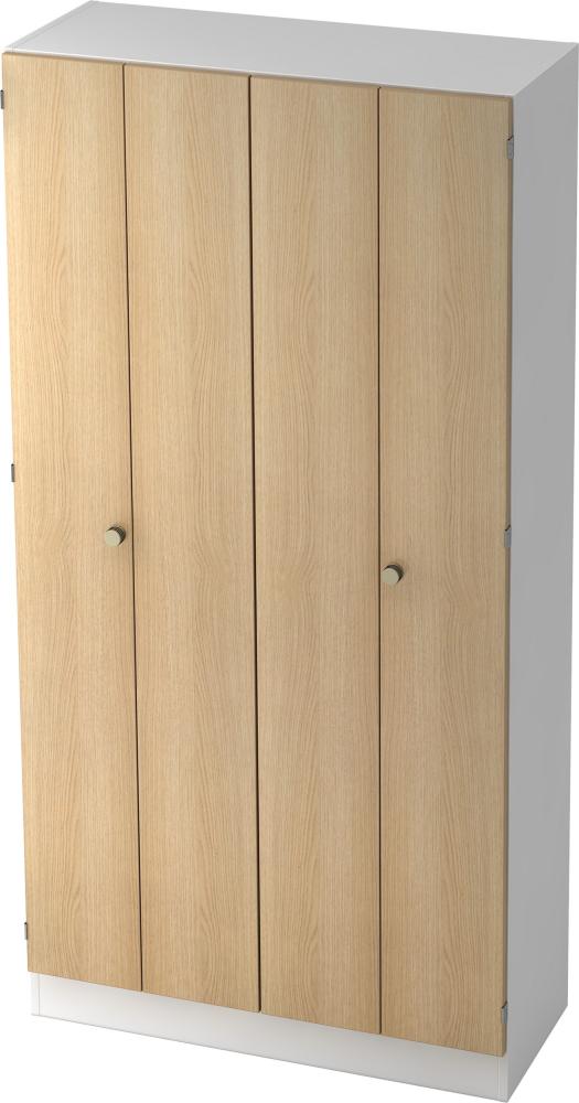 bümö office Aktenschrank mit Falttüren, Büroschrank 100cm breit in Weiß/Eiche - Ordnerschrank 5OH groß, Falttürenschrank für Akten, Ordner & Co. - Büro Schrank aus FSC-Holz, 6900-W-E-SG Bild 1