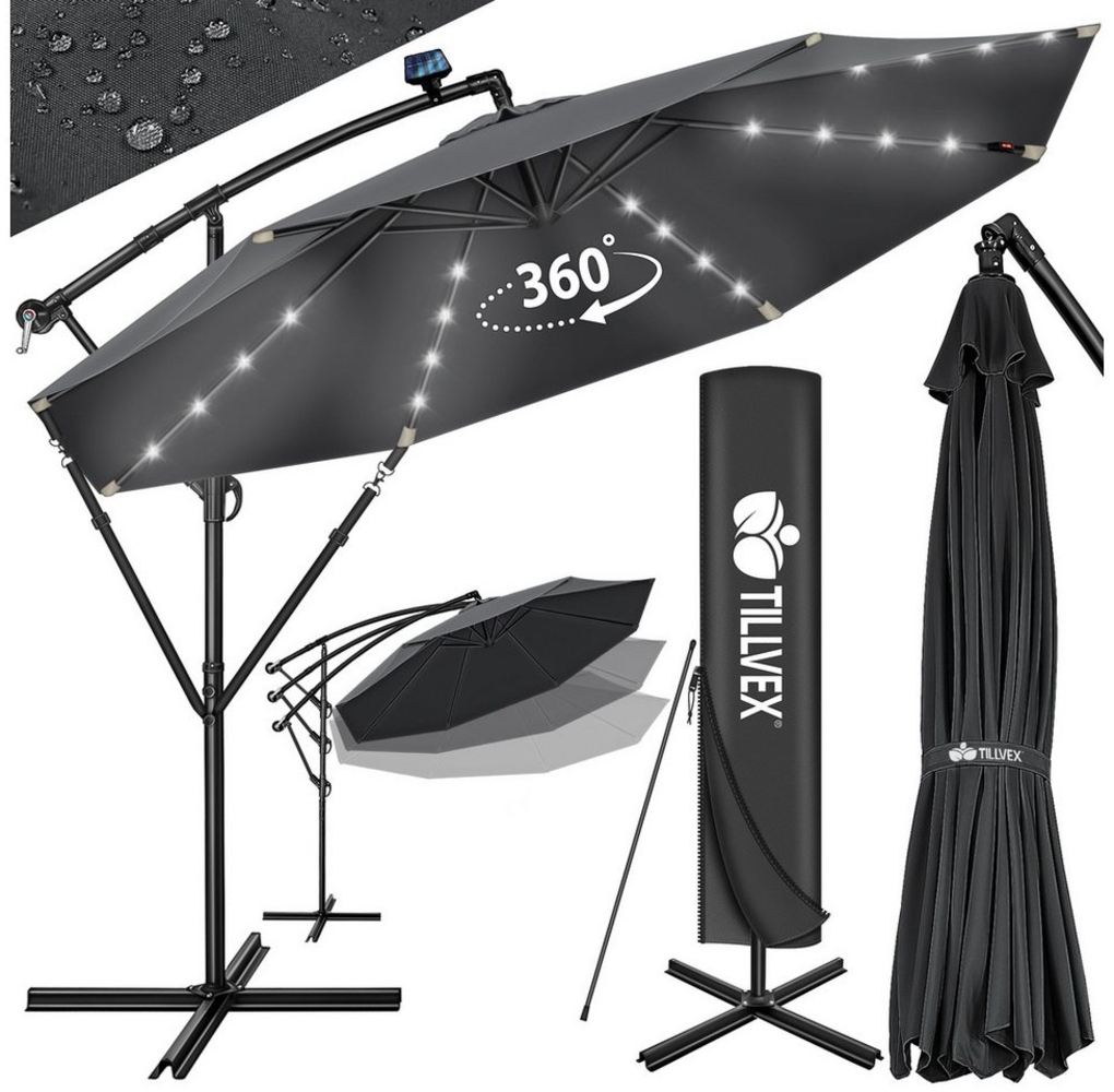 tillvex Alu Ampelschirm Anthrazit LED Solar Ø 300 cm mit Kurbel | Sonnenschirm mit An-/Ausschalter | Gartenschirm UV-Schutz Aluminium | Kurbelschirm mit Ständer Marktschirm wasserdicht Bild 1