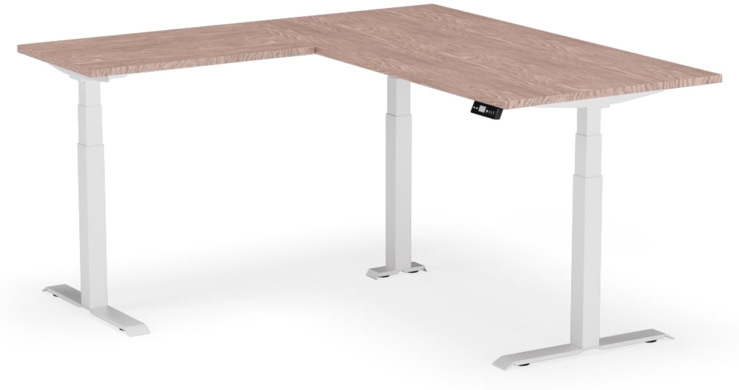 elektrisch höhenverstellbarer Schreibtisch L-SHAPE 180 x 170 x 60 - 90 cm - Gestell Weiss, Platte Walnuss Bild 1