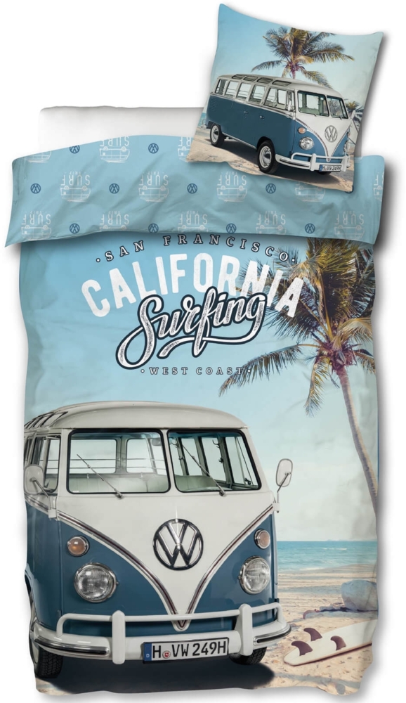 Skybrands Volkswagen Bettwäsche VW Bulli T1 California Surfing Blau Renforcé 135 x 200 + 80 x 80 cm Bild 1