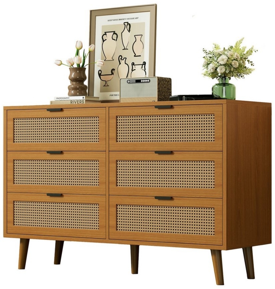 Refined Living Sideboard Kommode mit 6 Schubladen, Schubladenschrank aus Holz mit Metallgriffe (Maße: B120/H76.5/T40 cm, Schubladenkommode Rattan-Optik, Holzkommode, Hochwertige Materialien und Verarbeitung, 1 St, Sideboard Highboard mit viel Stauraum,... Bild 1