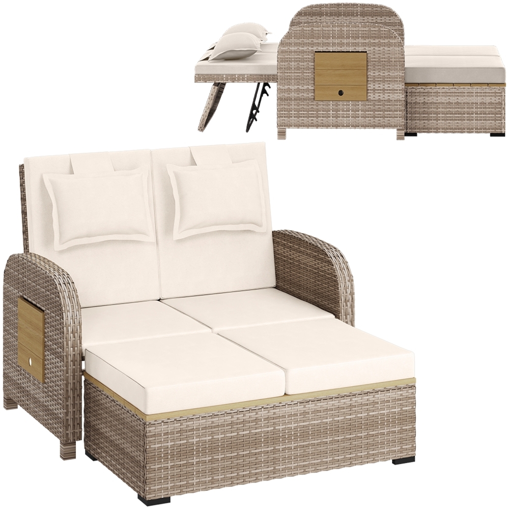 STEELSØN 'Caelum' Polyrattan Gartenliege, verstellbare Rückenlehne, inkl. Polster, beige, wetterfest, Sonnenliege mit ausklappbaren Seitenablagen Bild 1