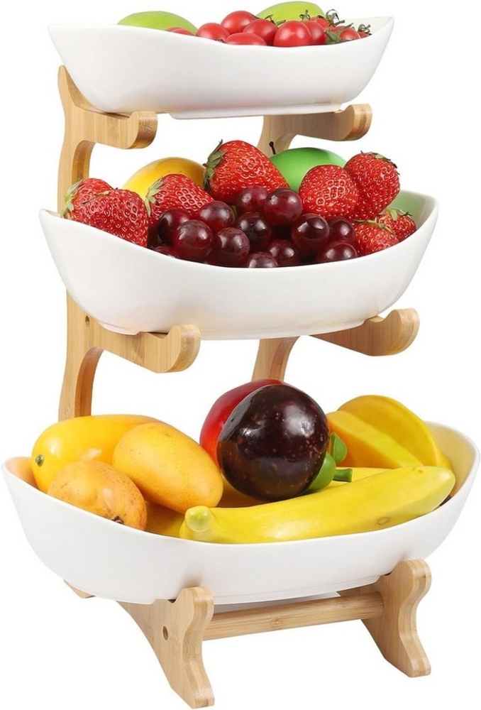 Refined Living Etagere Obstschale, Fruchtkuchen Stehen, 3-stöckiger Keramik-Obstkübel, Bambusholz + Keramik C, (Keramik Obstschale, Obstablage mit Holzständer, Dekorative Obstablage, Mehrstöckige Obstschale, Küchenablagekorb, Küchenablagekorb und Dekos... Bild 1