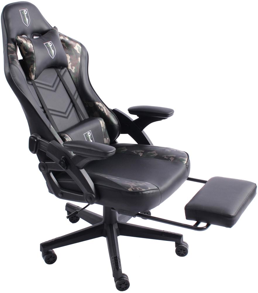 Gaming Stuhl im modernen Racing-Design mit ausziehbarer Fußstütze Gaming Chair mit verstellbaren Design Armlehnen ergonomischer Schreibtischstuhl mit extra Stützkissen Schwarz/Military -Grün Bild 1