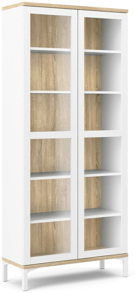 Dmora Vitrine Hudhud, Glas-Sideboard, Mehrzweckvitrine, Hängendes Bücherregal mit Glastüren, 89x36 h203 cm, Weiß und Eiche Bild 1