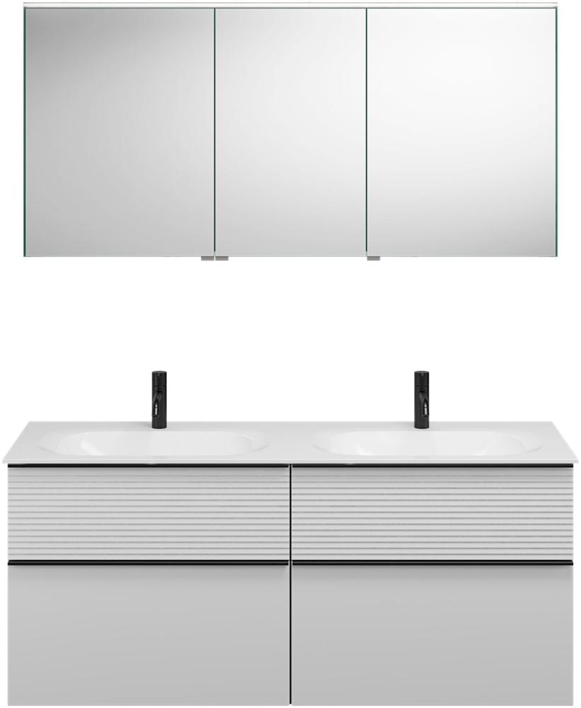 Burgbad FIUMO Waschtisch Set mit Spiegelschrank 142 cm breit, Weiß, Doppelwaschbecken Gussmarmor Weiß, 4 Schubladen, Anschlag rechts Bild 1