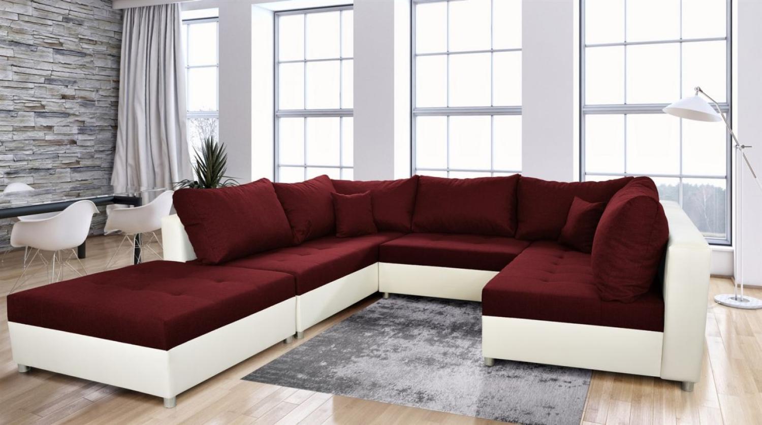 Wohnlandschaft Sofa ANDRO mit Schlaffunktion und Hocker Weiß-Weinrot Bild 1