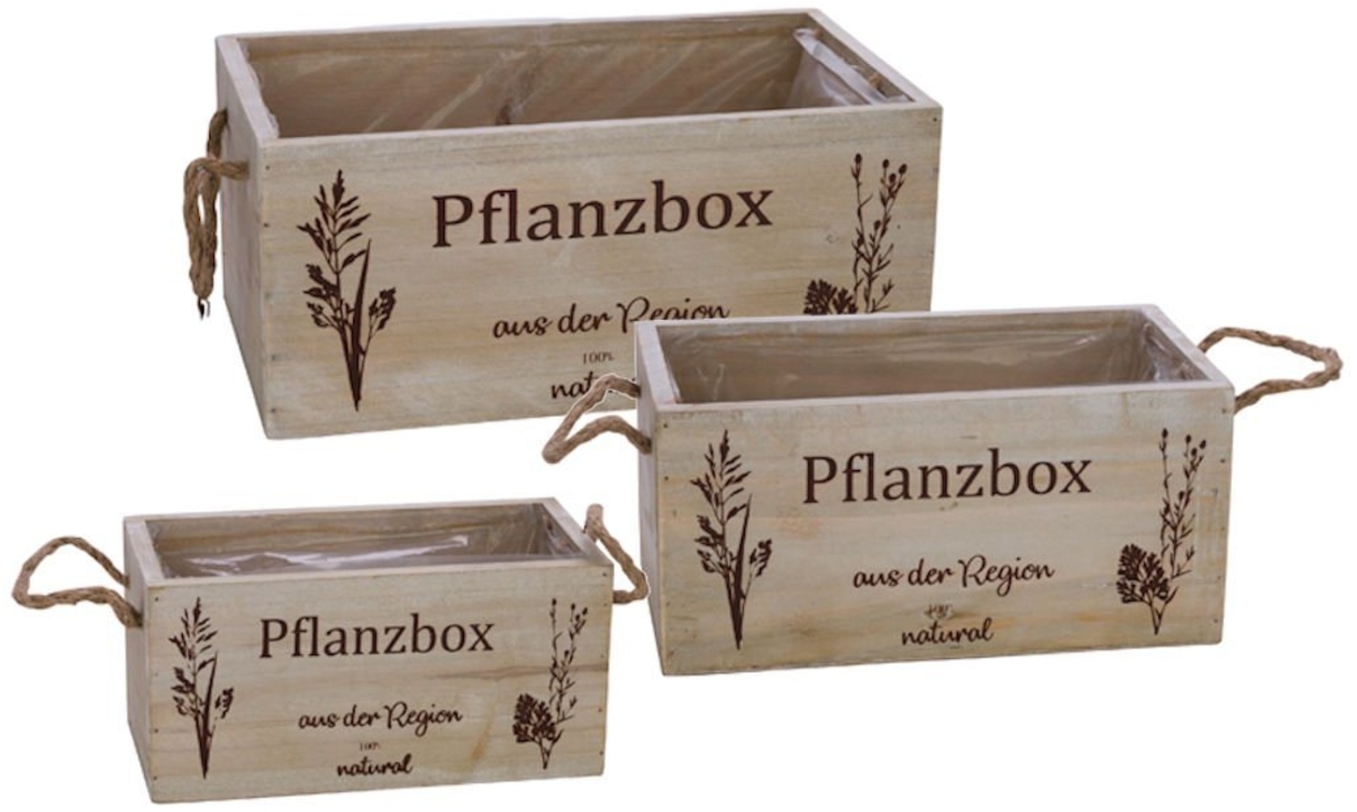 Spetebo Blumenkasten Holz Pflanzbox 3er Set - 29 / 24 / 20 cm (3er Set, 3 St, Pflanzkästen in 3 Größen), Pflanzkasten mit Henkel aus Naturkordel Bild 1