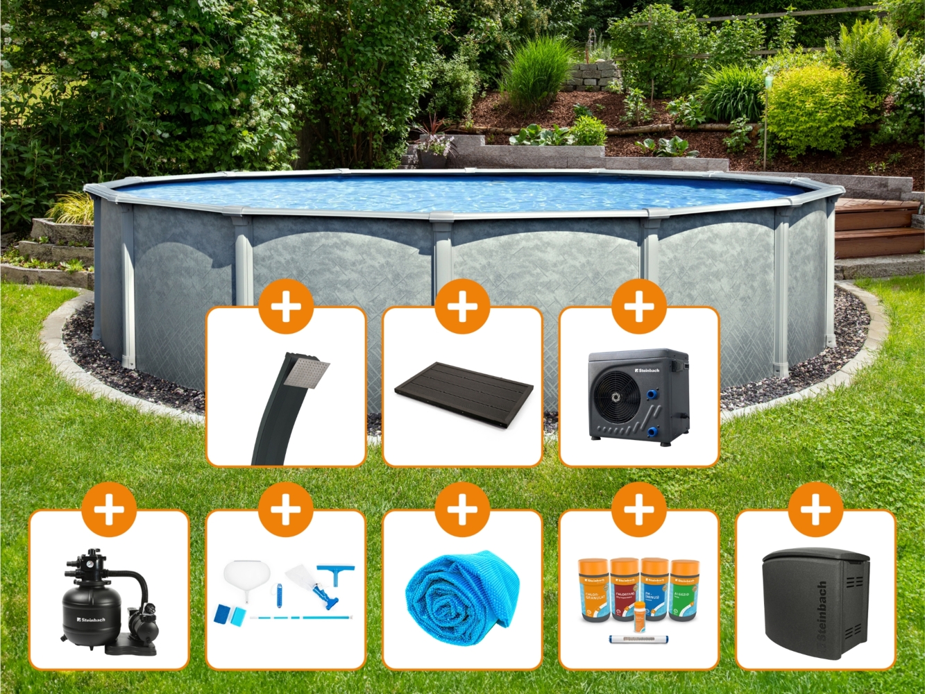 Steinbach Aktionsangebot Stahlwand Swimming Pool Set "Grande rund", Ø 457 x 135 cm,Zubehörset L (inkl. Filteranlage, Grundreinigungsset, Chlor Starterset, Solarabdeckplane, Pooltechnikbox, Wärmepumpe, Solardusche, Bodenelement) Bild 1