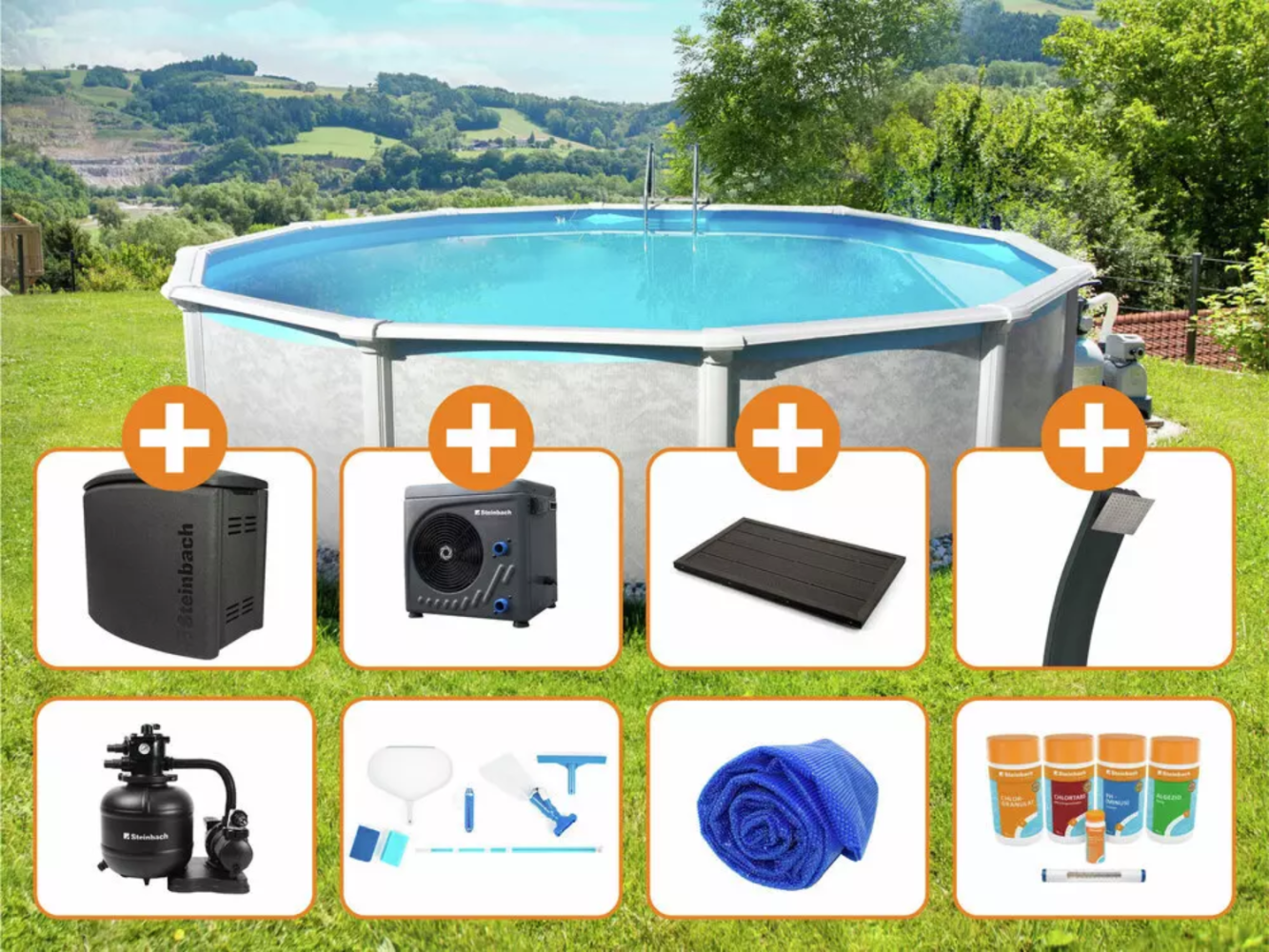 Steinbach Aktionsangebot Stahlwand Swimming Pool Set "Grande rund", Ø 457 x 135 cm,Zubehörset L (inkl. Filteranlage, Grundreinigungsset, Chlor Starterset, Solarabdeckplane, Pooltechnikbox, Wärmepumpe, Solardusche, Bodenelement) Bild 1