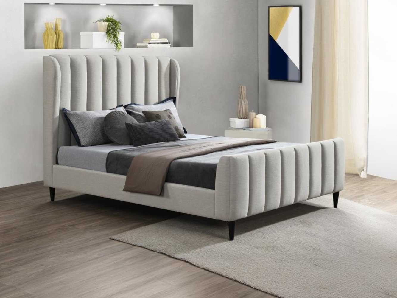 Vente-unique - Bett + Matratze - 160 x 200 cm - Stoff mit vertikalen Ziernähten - Hellgrau - CASAGOTI Bild 1