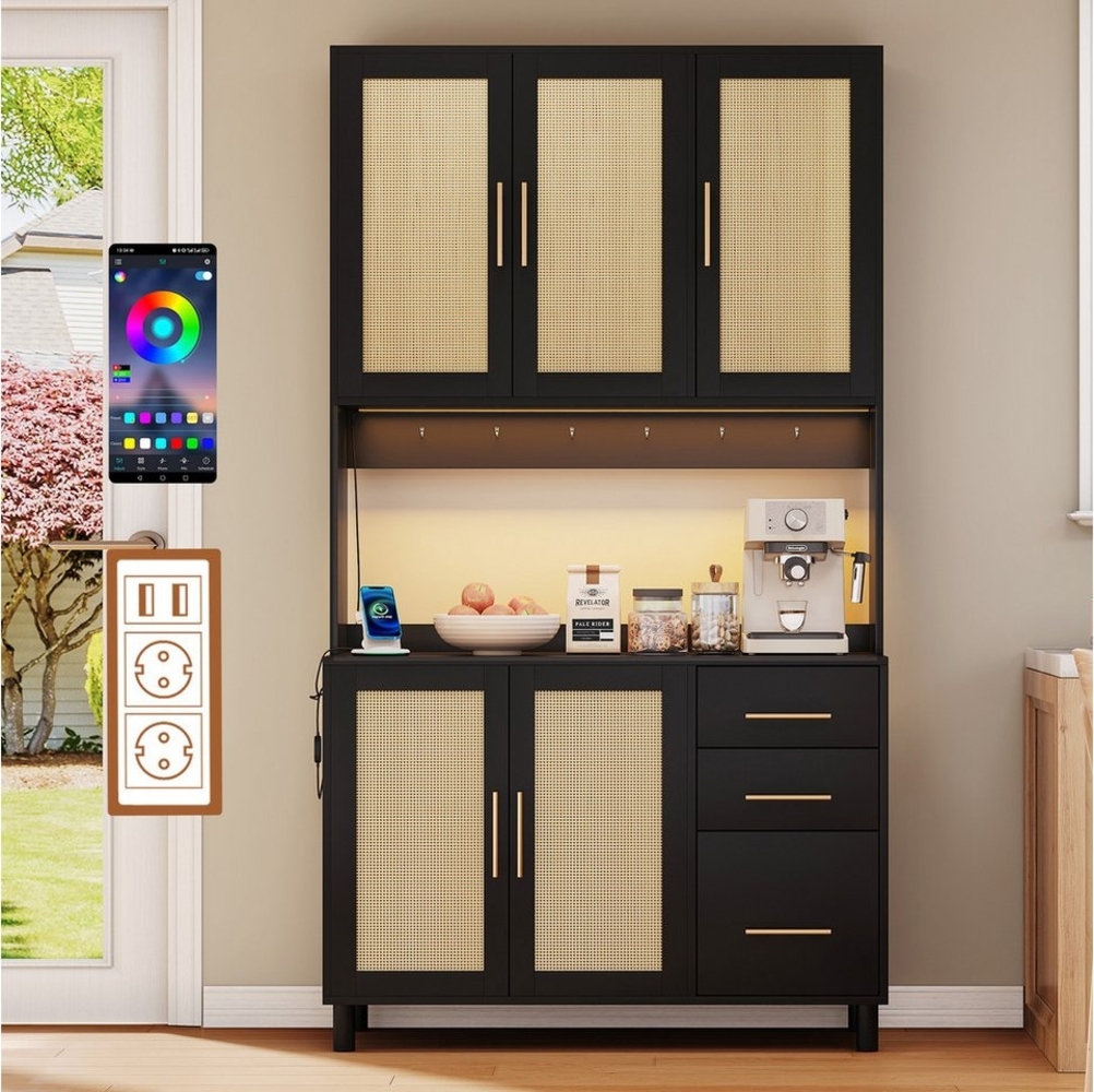 Flieks Küchenbuffet mit LED-Beleuchtung, Steckdosen und Haken (Buffet mit Rattantüren und Schubladen, 1-St, B100/T40/H183 cm) Hochschrank Küchenschrank Geschirrschrank mit verstellbare Ablagen Bild 1