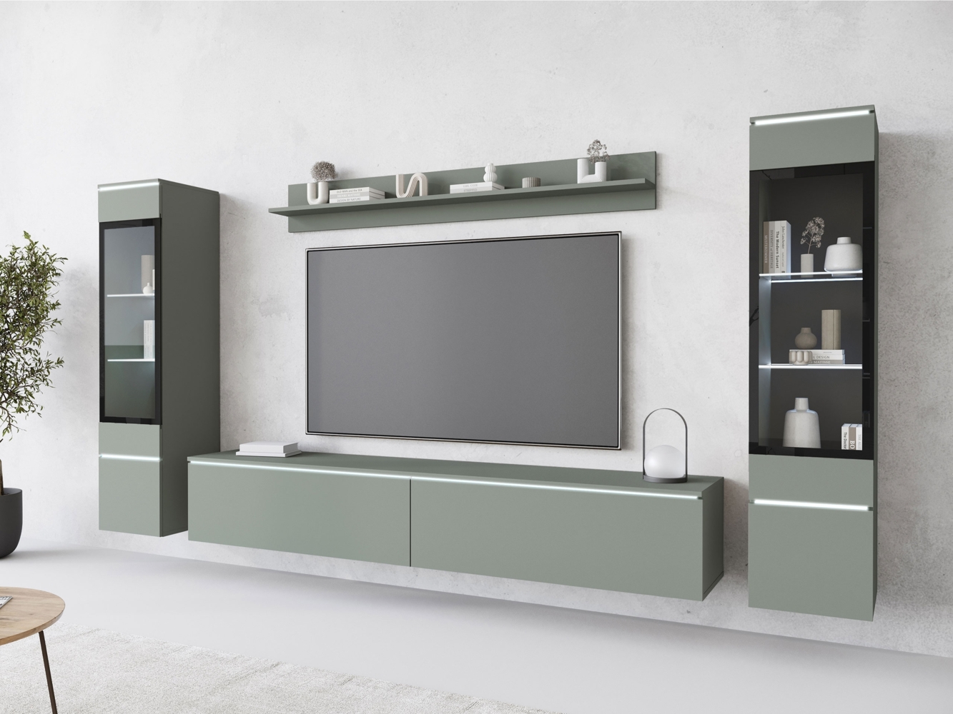 Wohnwand Doppo II, mit weißer LED Beleuchtung, Farbe: Nebelgrün Bild 1