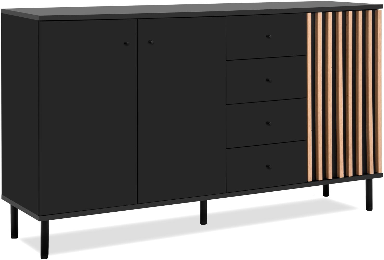 Sideboard >Monza< 2 Türen, 4 Schubladen, 2 Böden, 3D-Lamellen-Optik, in schwarz / Dekor Artisan Eiche - 160x90x40cm (BxHxT) Bild 1