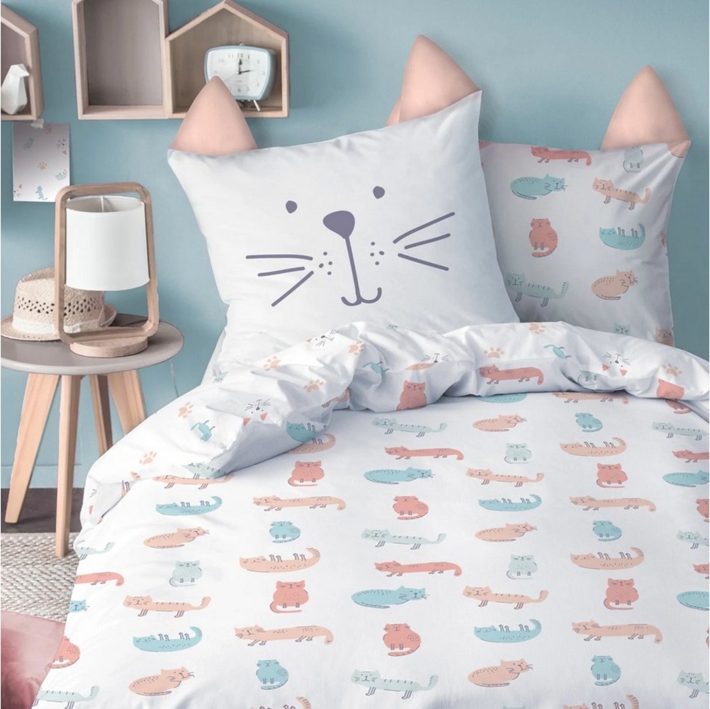 MTOnlinehandel Kinderbettwäsche Cute Cat MIAU Katzenmotiv 135x200 + 80x80 cm 100 % Baumwolle, Renforcé, 2 teilig, hochwertige Bettwäsche für große und kleine Katzenfreunde Bild 1