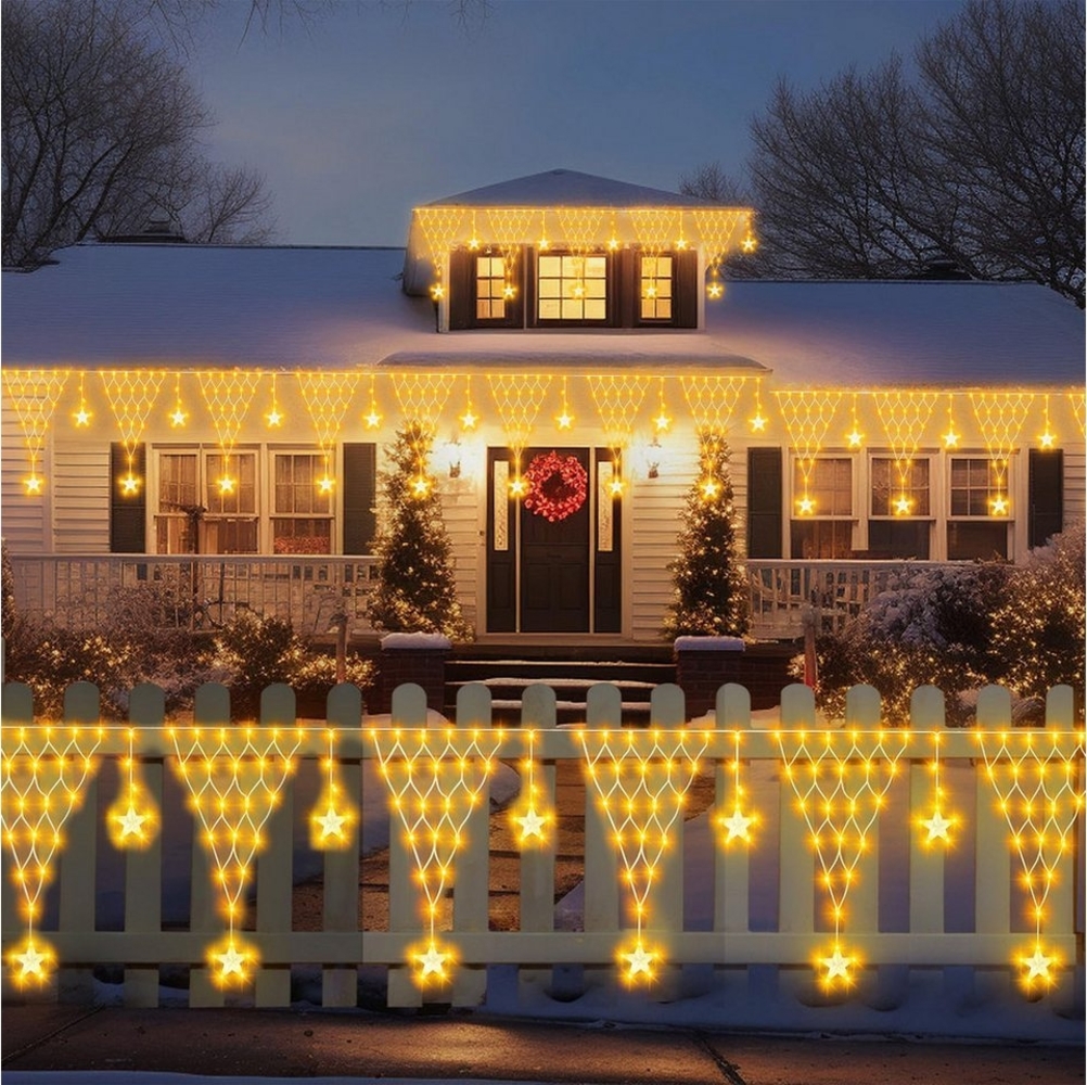 Merry 2024 LED-Lichterkette LED Lichtervorhang Sterne,LED-Weihnachtslichterkette,Weihnachtsdeko, Weihnachtsbeleuchtung, 8 Modi,mit 12 funkelnden Sternentropfen Bild 1