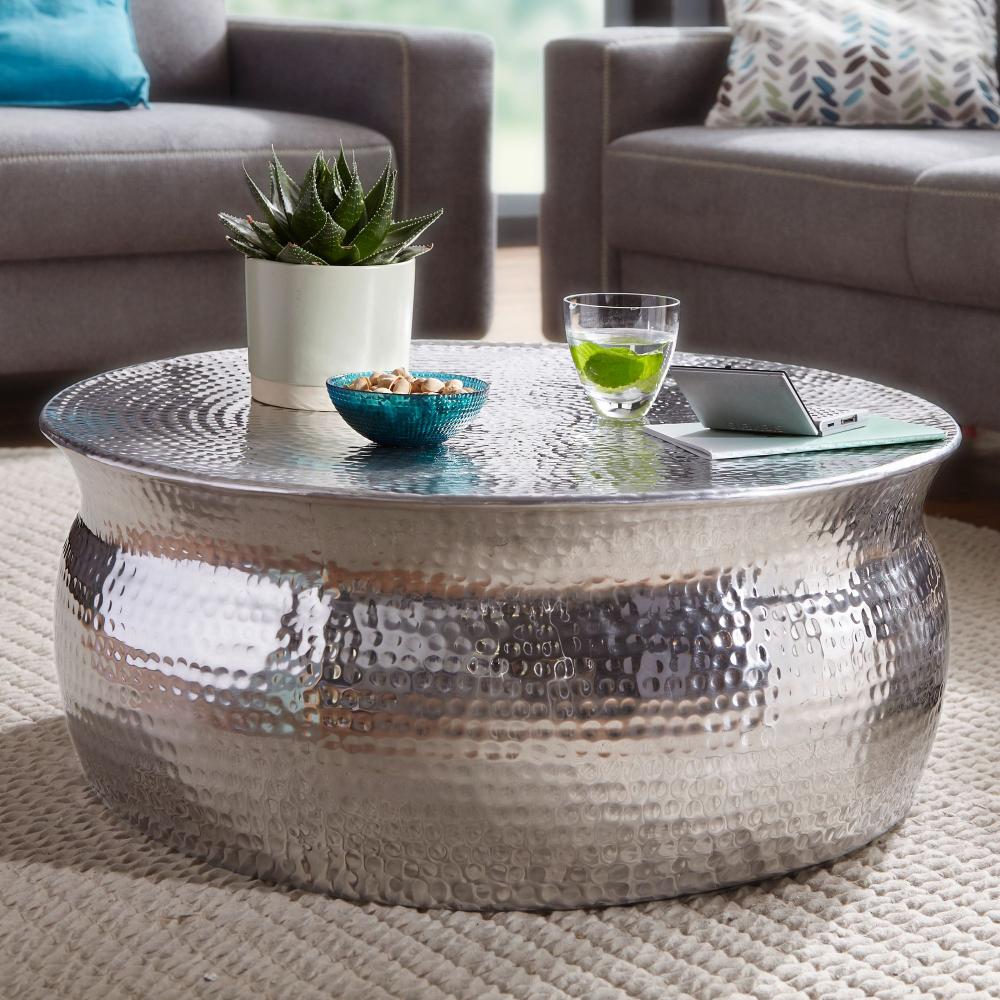 Wohnling Couchtisch KAREM 75 x 31 x 75 cm Aluminium Beistelltisch orientalisch rund, Silber Bild 1