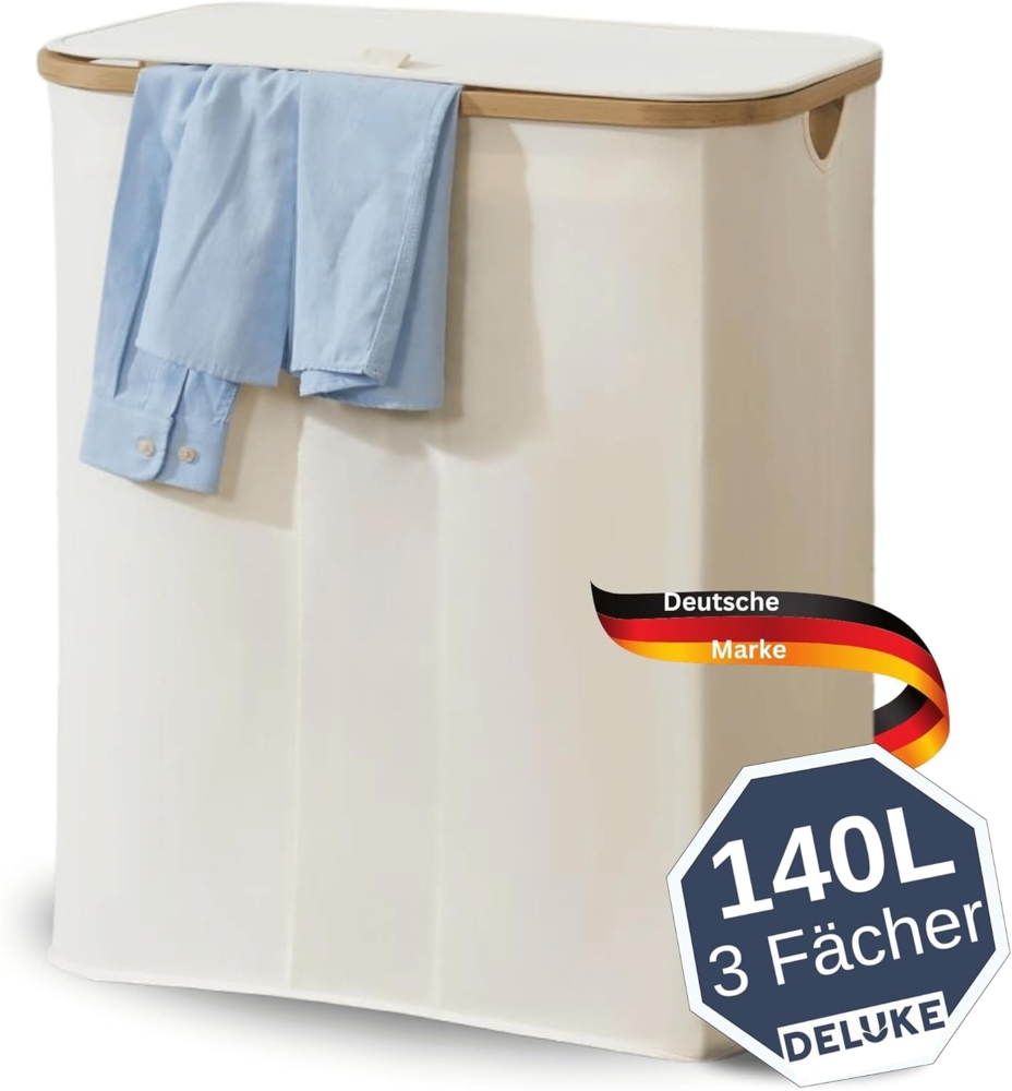 DELUKE® Wäschekorb mit Deckel 140L - Wäschekorb 3 Fächer Wasserabweisender Wäschesammler 3 Fächer & herausnehmbaren Wäschesäcke Faltbare Wäschebox mit Waschhinweisen Beige Bild 1