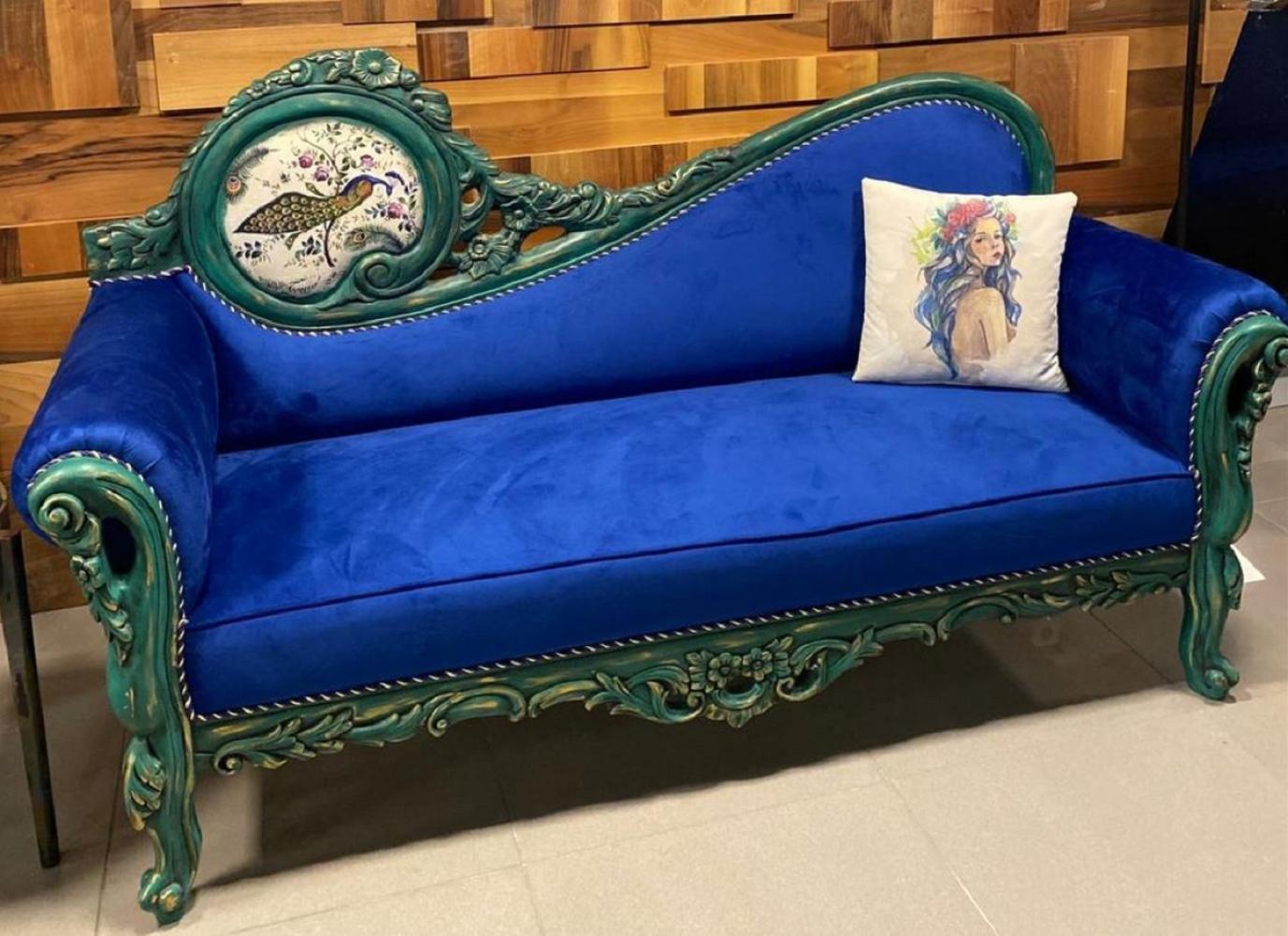 Casa Padrino Luxus Barock Sofa Blau / Mehrfarbig / Grün - Prunkvolles Wohnzimmer Sofa im Barockstil - Barock Wohnzimmer Möbel Bild 1