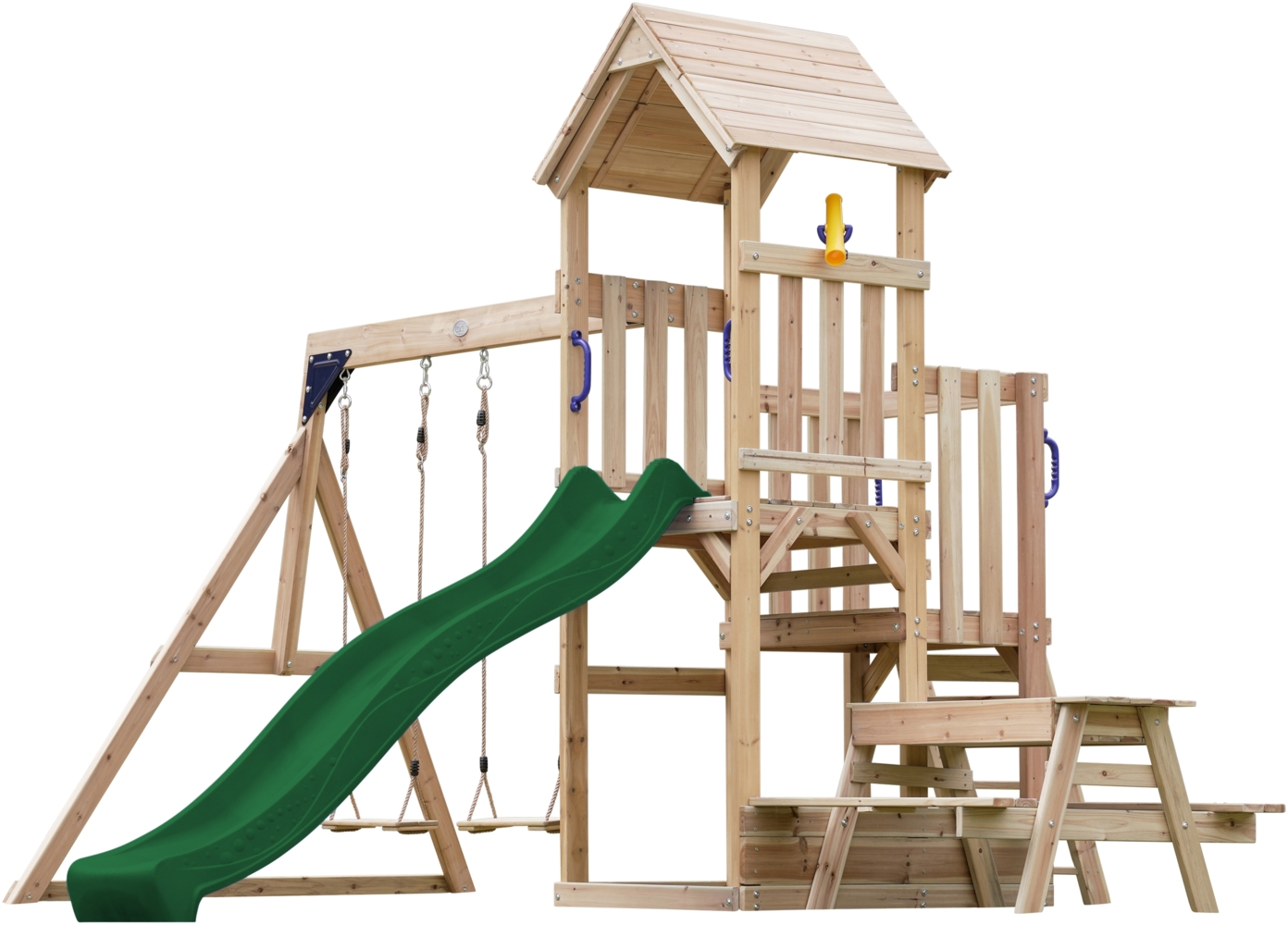 AXI Mette Spielturm aus Holz mit 2 Schaukeln XXL Spielhaus / Spielplatz für Kinder mit Picknicktisch, Sandkasten & Rutsche in Grün | Braun, Blau | Holz | 383 cm Bild 1