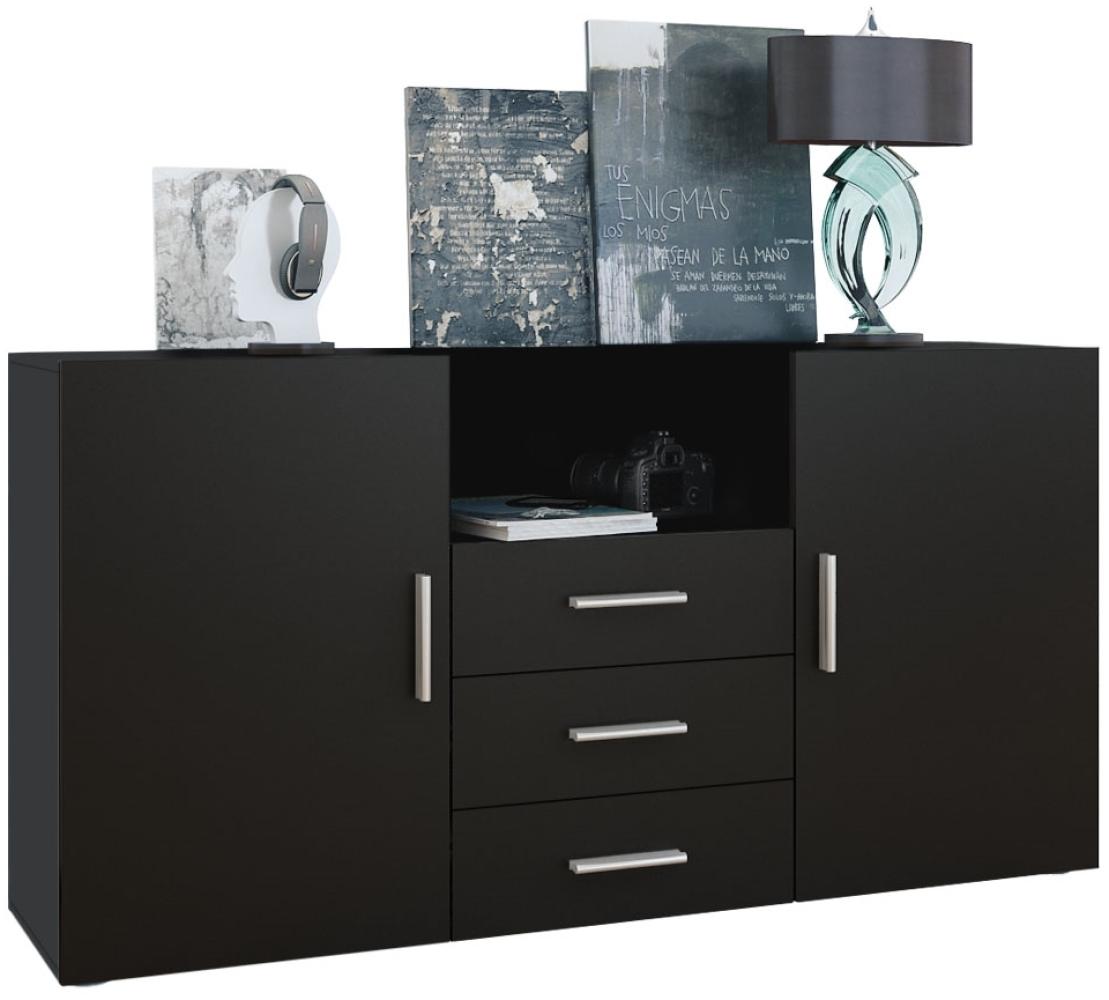 Vladon Sideboard Skadu, Kommode mit 2 Türen, 3 Schubladen und 1 offenem Fach, Schwarz matt/Schwarz matt (138,5 x 71,5 x 35 cm) Bild 1