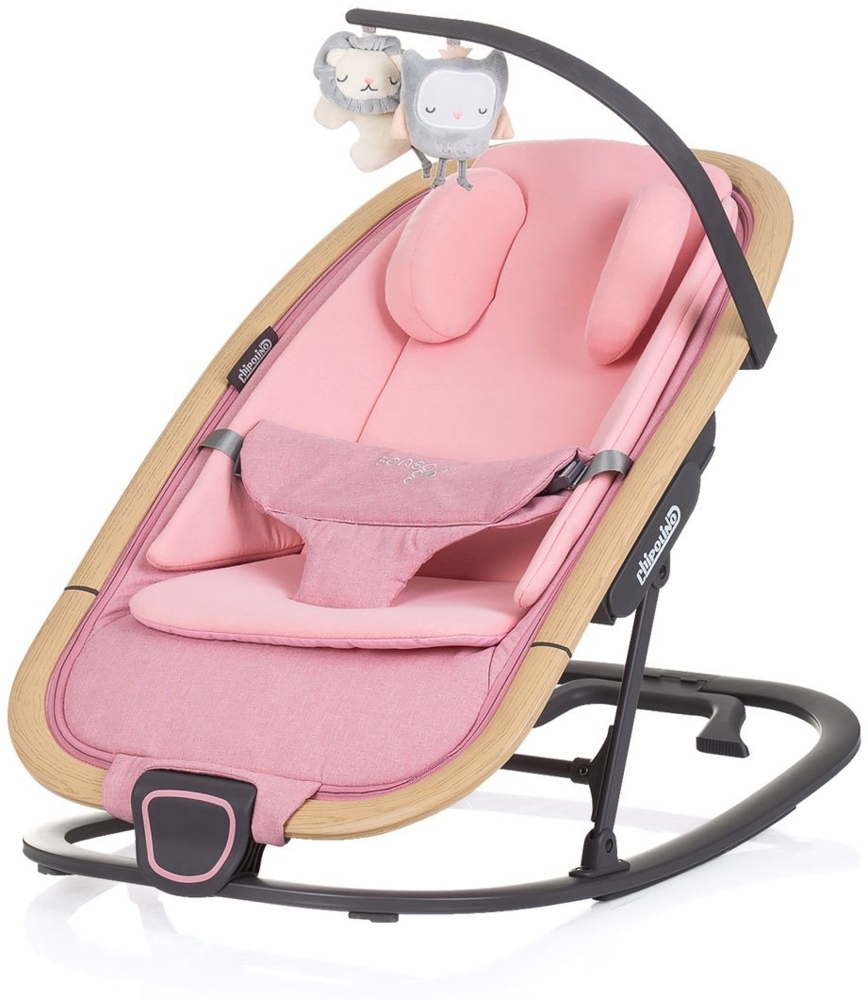 Chipolino Babywippe Senso Holzoptik Spielbogen Kopfstütze 3-Punkt-Gurt faltbar rosa Bild 1