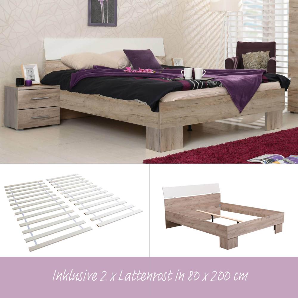 Homestyle4u Doppelbett, Bettgestell, Ehebett, Holzbett, Lattenrost, Gästebett, Eiche Grau, 160x200 cm Bild 1