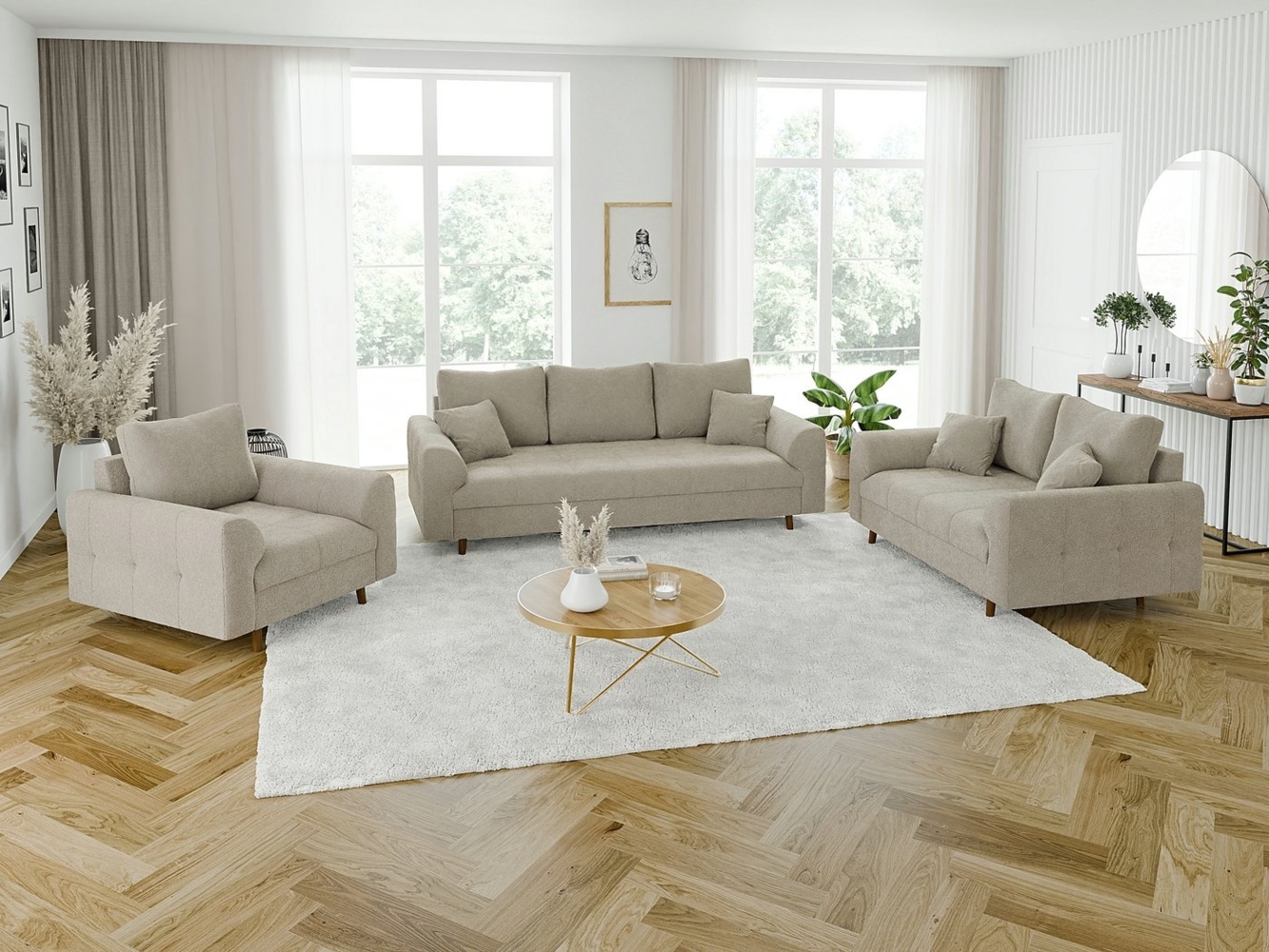 S-Style Möbel Polstergarnitur 3+2+1 Leif mit Holzfüßen im skandinavischen Stil aus Boucle-Stoff, (1x 3-Sitzer-Sofa, 1x 2-Sitzer-Sofa, 1x Sessel), mit Wellenfederung Bild 1