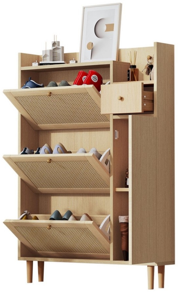 Ulife Schuhschrank aus Rattan, mit 3 Kipp-Türen und 1 Schublade mit Massivholzbeinen und Griffen – Maße: B90/H125/T17 cm Bild 1