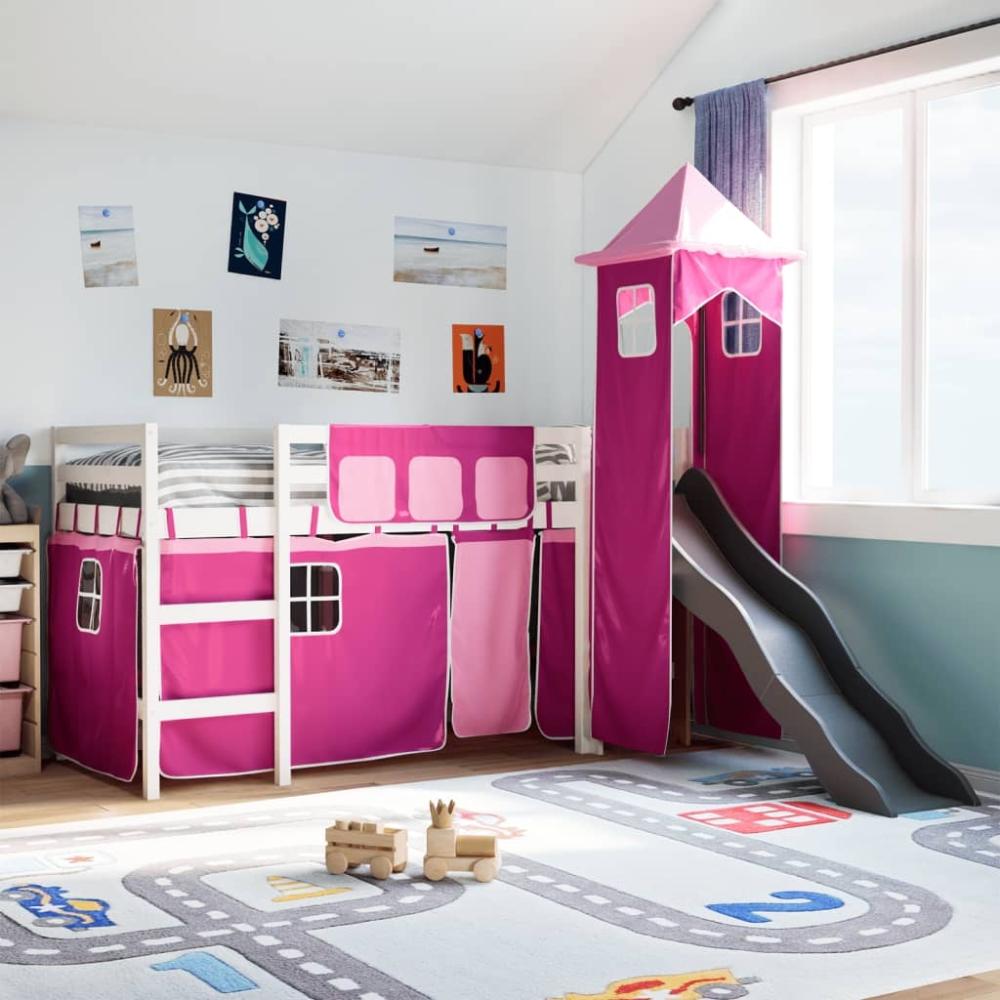 vidaXL Kinderhochbett mit Turm und Rutsche, Rosa, Massivholz Kiefer, Weiß, 90 x 190 cm Bild 1