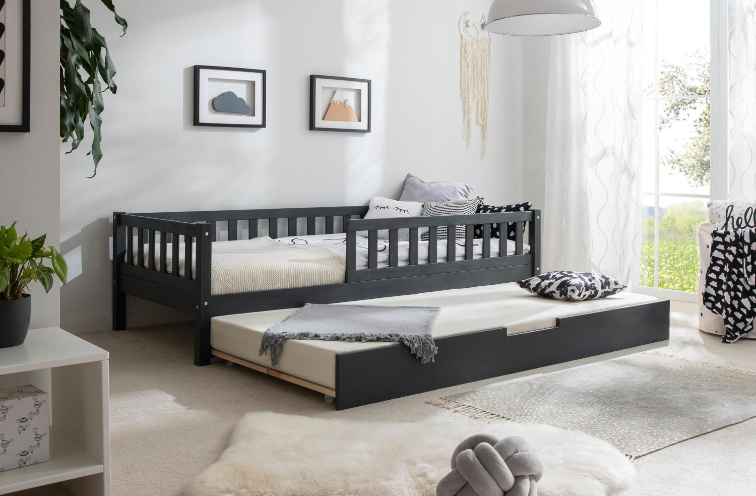Bodenbett Einzelbett "Mio" 100x200 Kiefer Massiv - anthrazitgrau / Zusatzbett inkl. Rollrost Bild 1