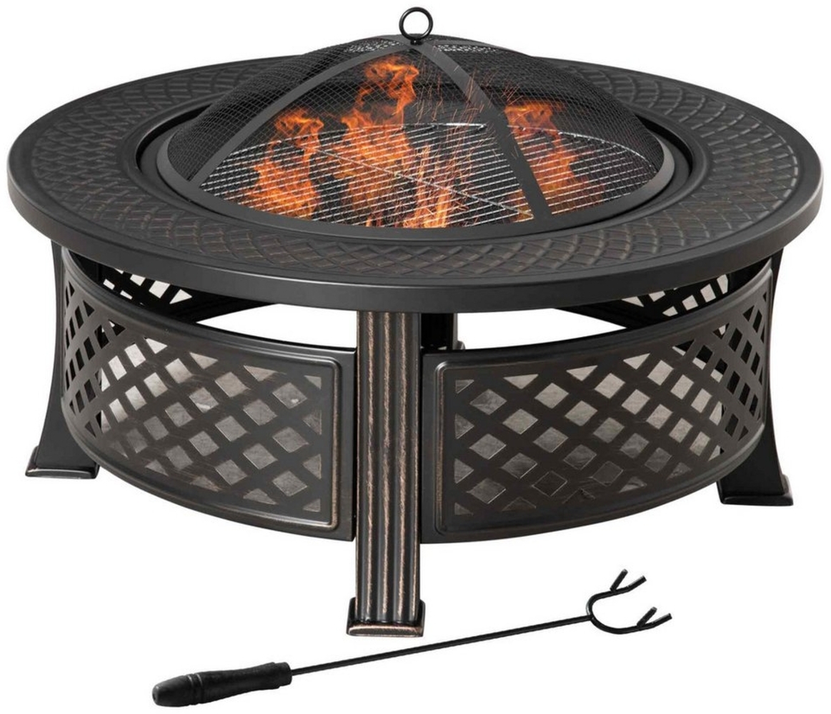 Outsunny Tischfeuer Feuerkorb Feuertisch rund Feuerstelle für Garten Camping BBQ (Funkenschutz, 1-St, Feuerschale mit Schürhaken), Stahl Schwarz 81 x 81 x 50 cm Bild 1