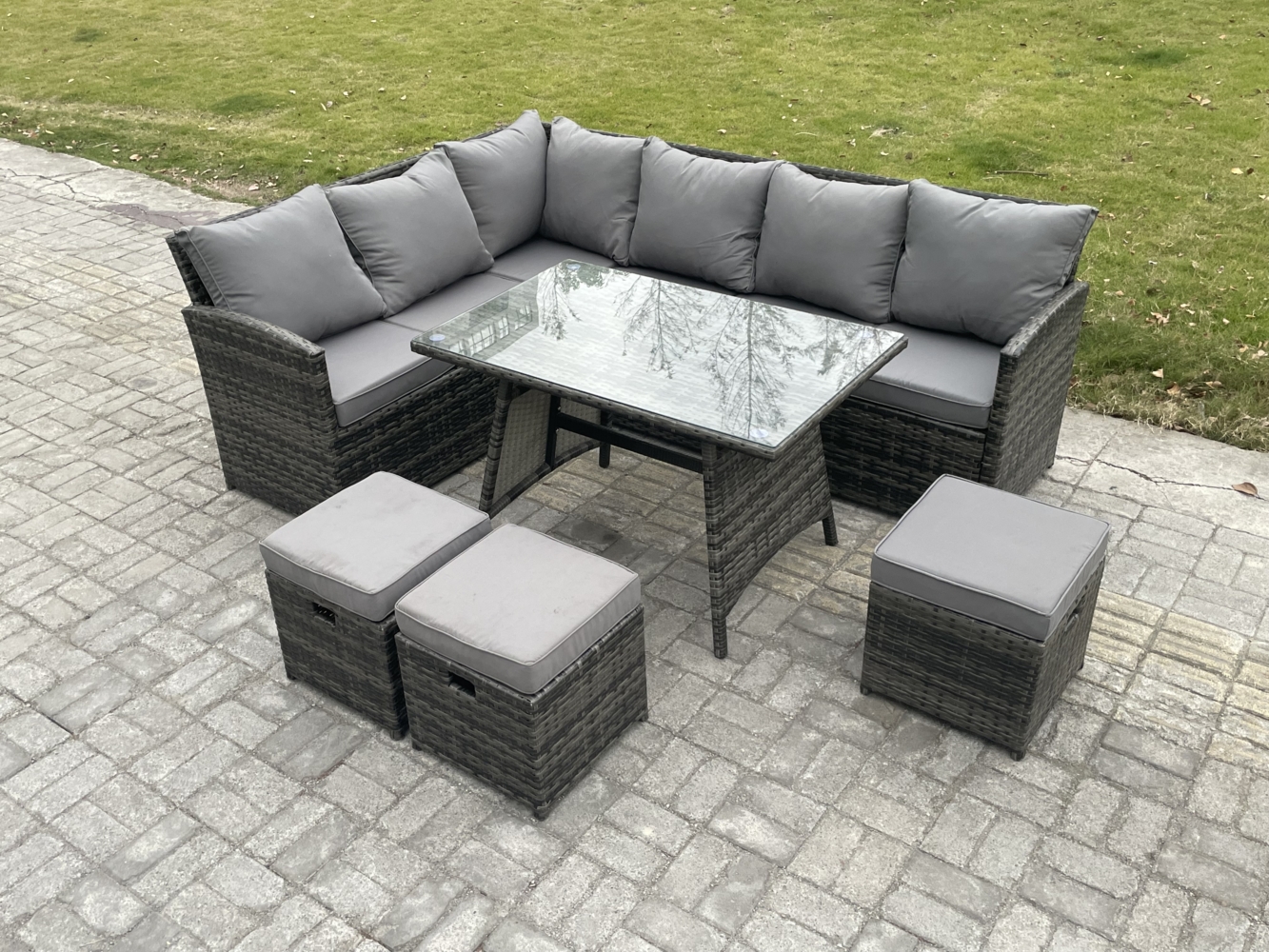 Fimous Outdoor Gartenmöbel-Set Ecksofa Set mit Länglicher Esstisch 3 Kleine Hockern 9 Sitzer Dunkelgrau gemischt Bild 1