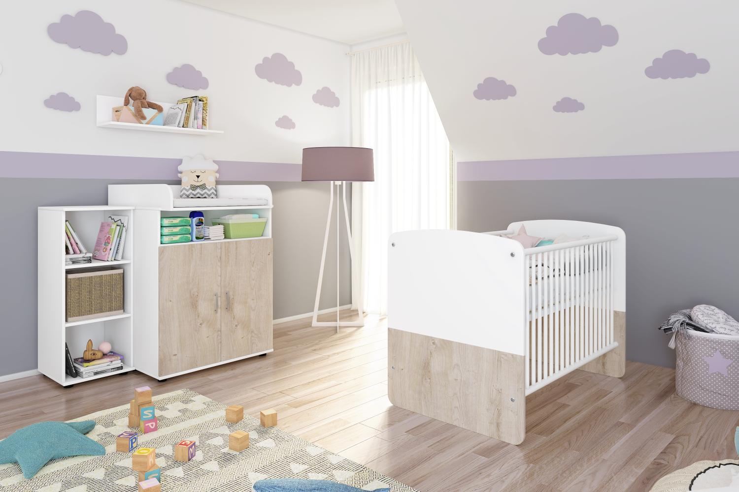 nonjoo Hanna Set 2: best. aus Babybett, Kommode, Wickelaufsatz, Wandboard und Regal mit 3 Fächern Bild 1