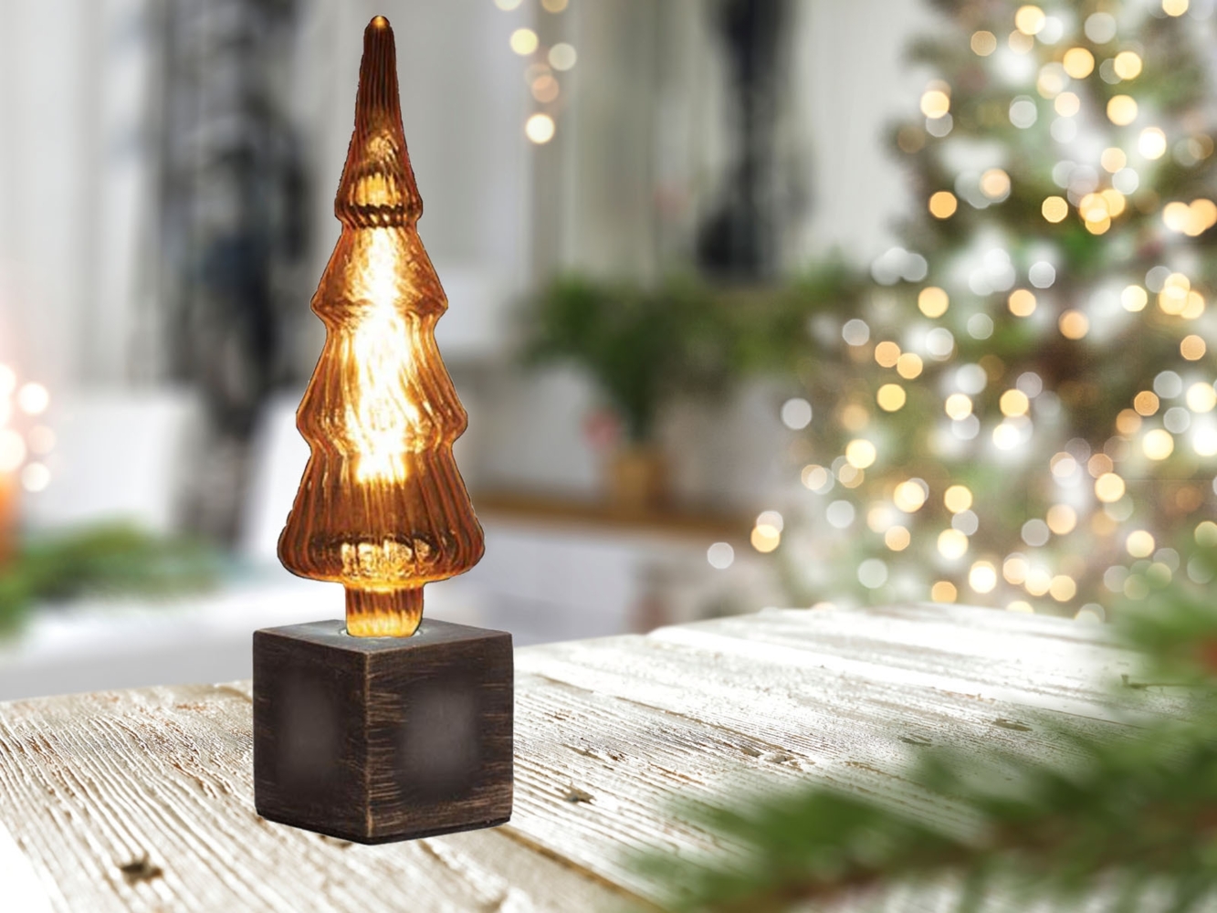 Tischlampe Würfel Grau mit Deko LED Tannenbaum, Quadrat 9cm Bild 1