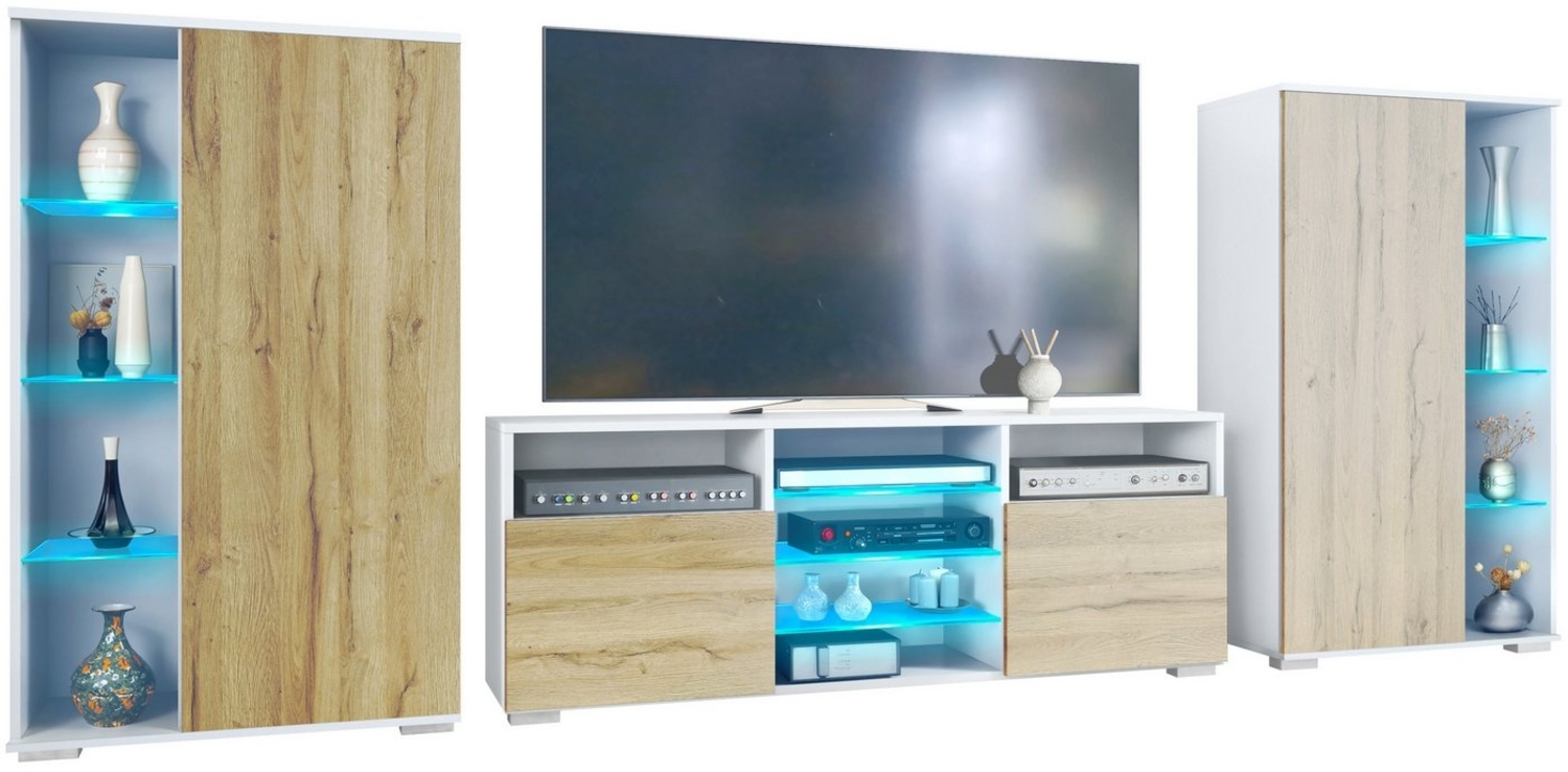 Vladon Wohnwand Davos, (Anbauwand, bestehend aus 2 Vitrinen, 1 TV-Board und LED-Beleuchtung), Weiß matt/Eiche Natur (329 x 134 x 35 cm) Bild 1