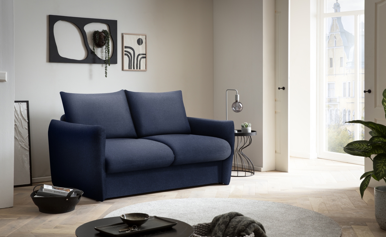 DOMO. collection Sofa 700023, 2 Sitzer, Schlaffunktion, Federkern, Füße mit Filzgleitern, 2er Couch, Schlafsofa, Polstergarnitur, 165 x 100 x 95 (BxTxH), dunkelblau Bild 1