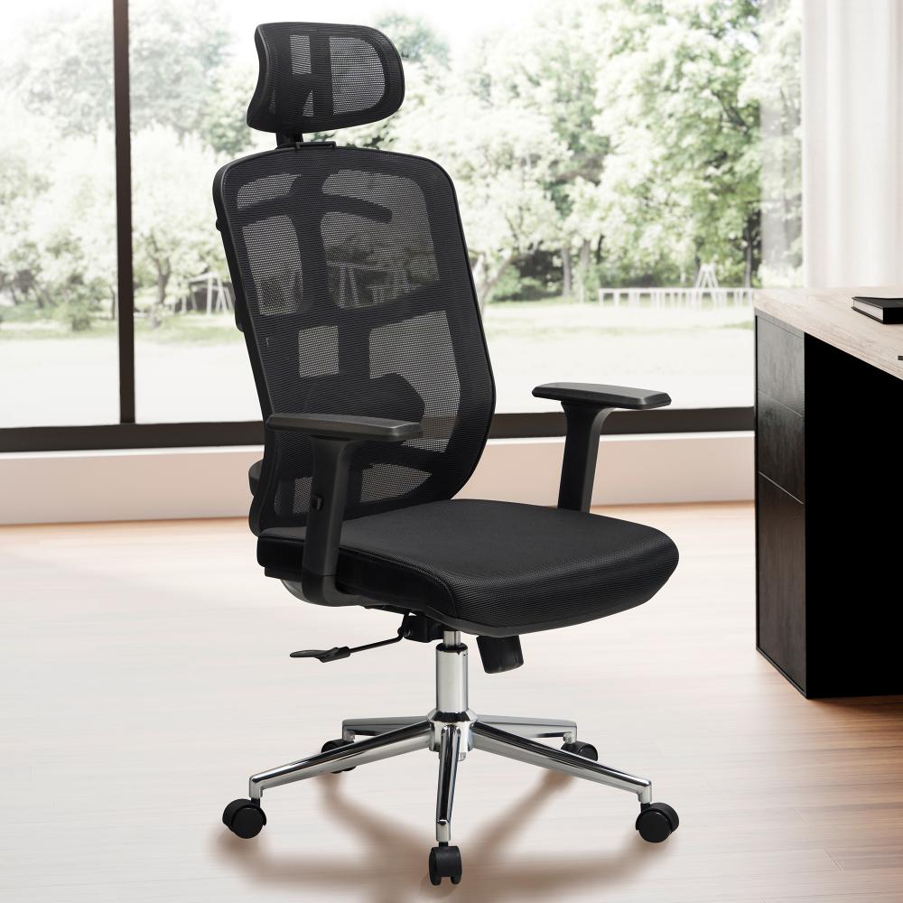 FineBuy Bürostuhl Schwarz Mesh-Bezug Schreibtischstuhl bis 120 kg mit Kopfstütze, Drehstuhl höhenverstellbar mit Lendenwirbelstütze, Stoff-Schreibtischsessel ergonomisch mit Wippfunktion Schwarz Bild 1