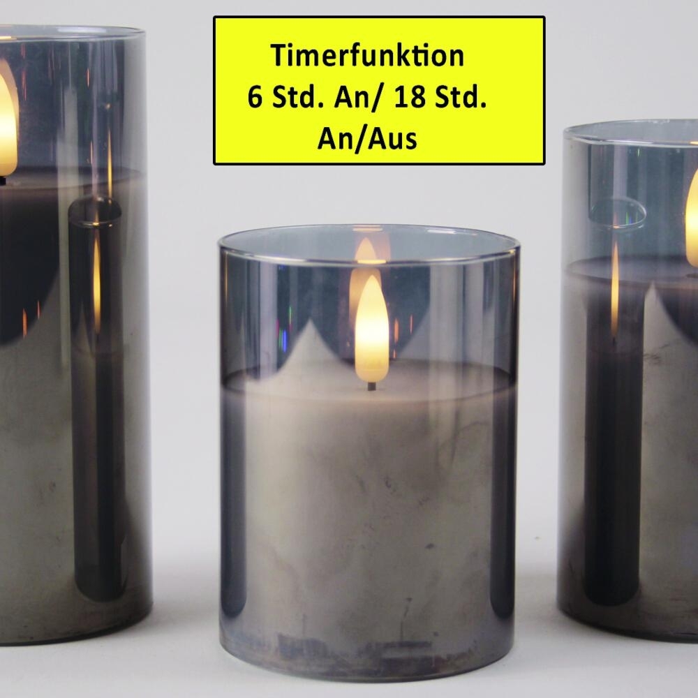 Wachskerzen 3D-Flackern 3-teilig weiß, Glas rauchgrau 6/18 A/A Bild 1