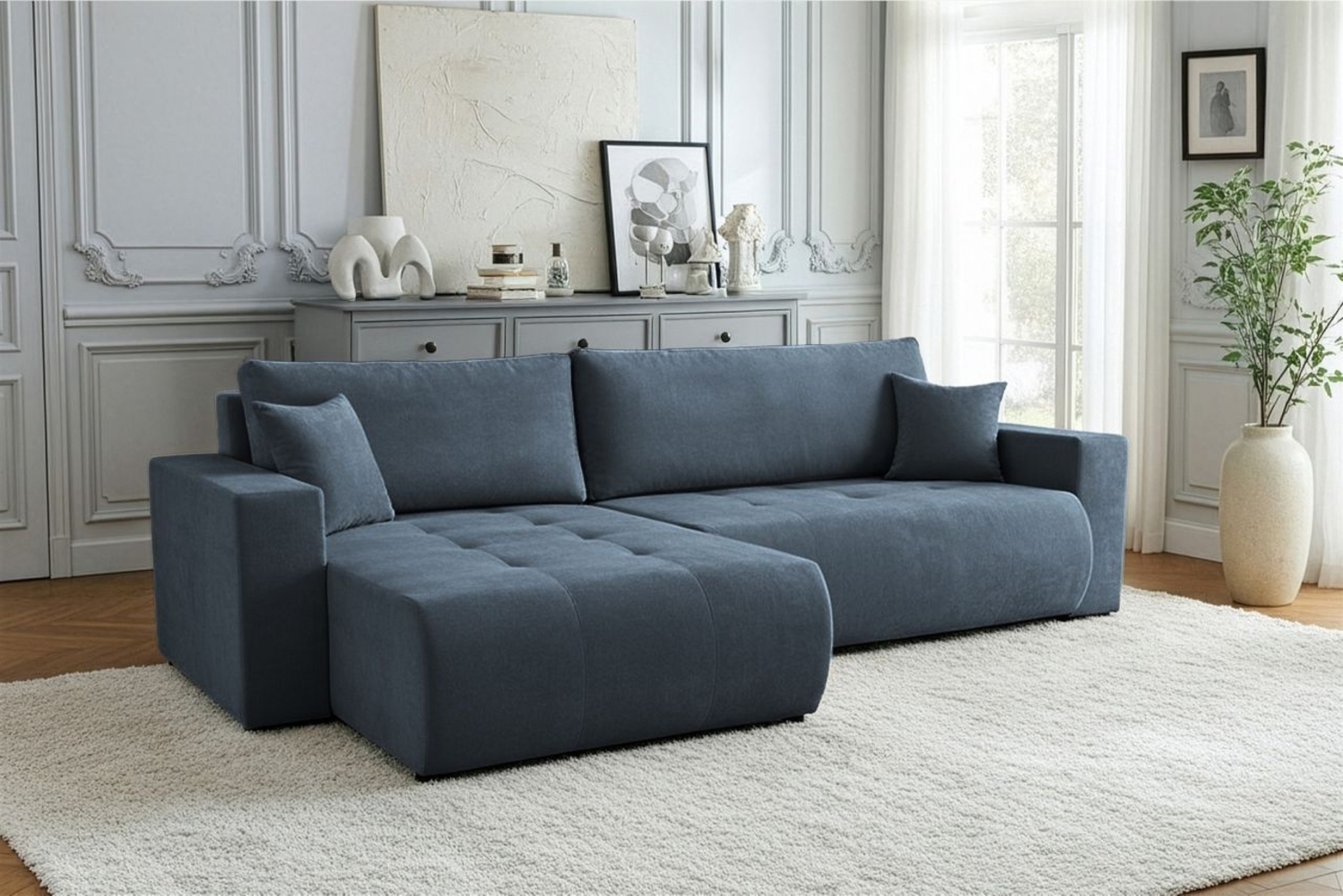 Ecksofa Schlafsofa Sofa ARMARI in Stoff Wind Dunkelblau Ottomane Rechts Bild 1