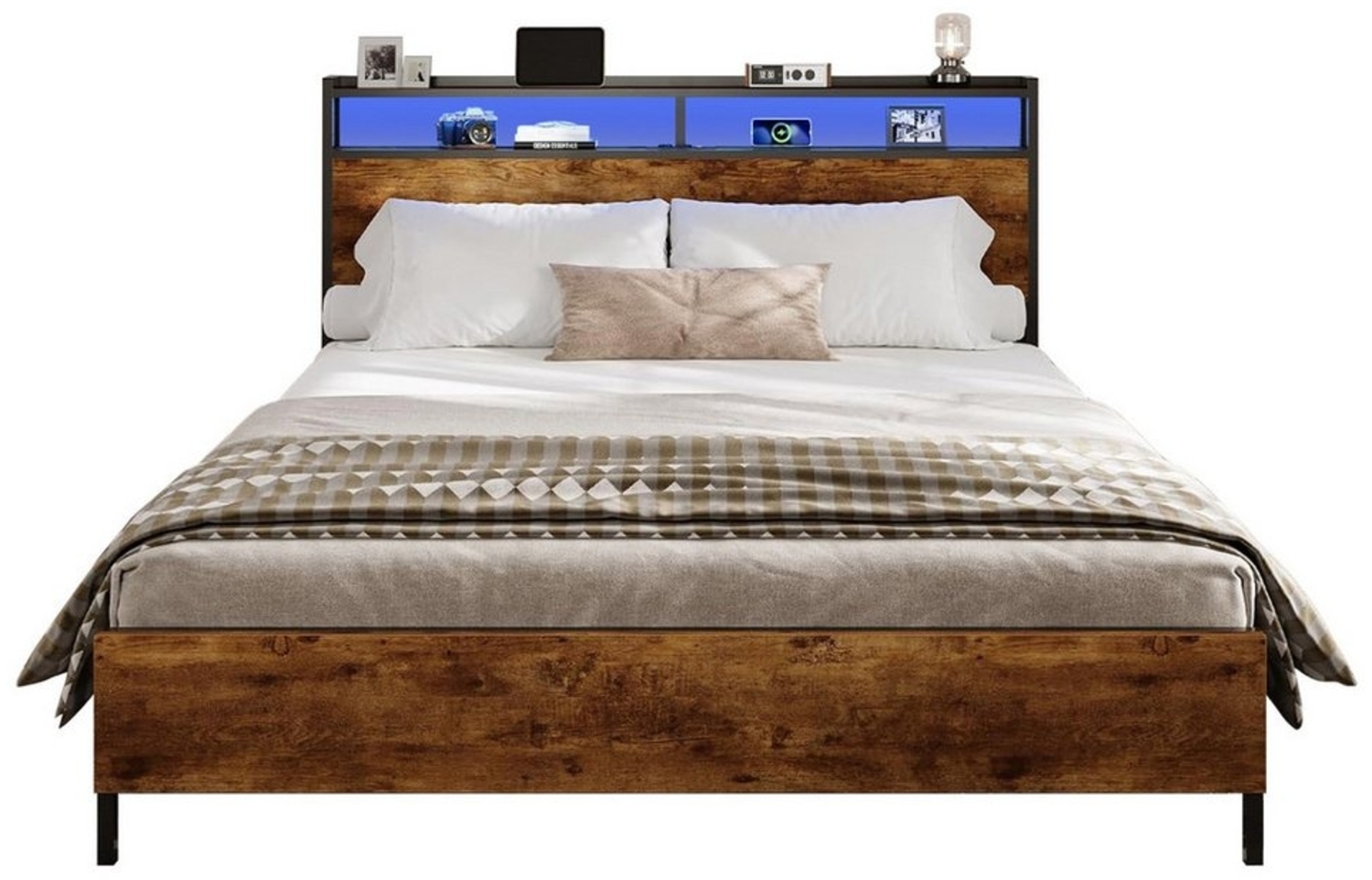 MSMASK Bett Bett mit LED Beleuchtung, Metallbett mit Steckdose, Braun, mit USB-Ladefunktion Bild 1