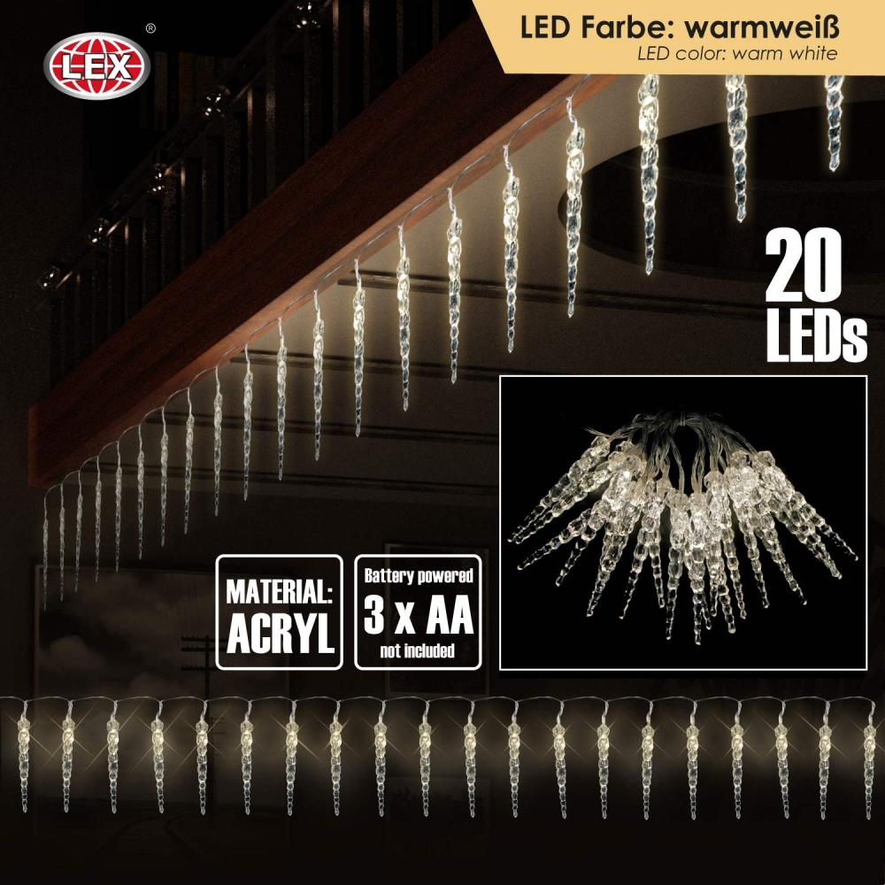 LEX Eiszapfen Lichterkette – Warmweiß, 2,20 m, 20 LEDs, Acryl, Batteriebetrieben Bild 1