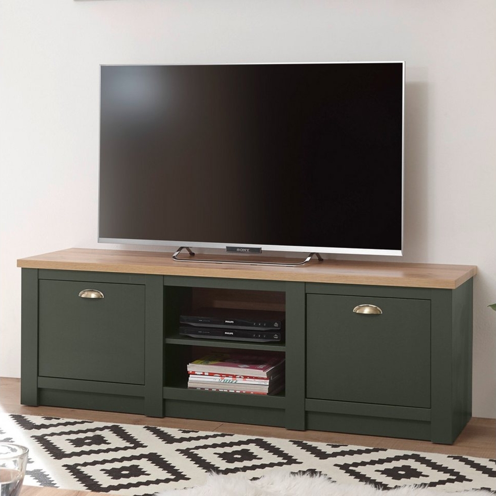 Lomadox Lowboard CINCINNATI-61, Landhaus TV- in grün mit Wotaneiche, B/H/T: 152/51/45cm Bild 1
